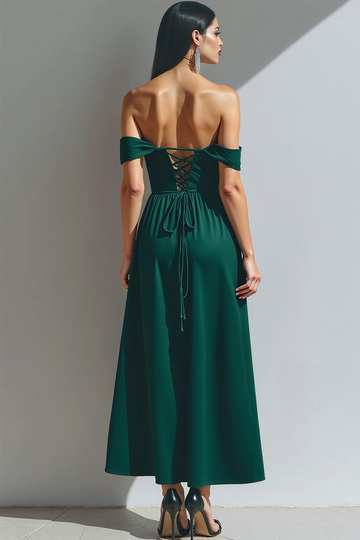 Dark Green A-Line Corset Velvet Maxi Holiday Party Dress with Pockets